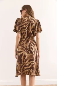 Olalook Women's Camel Brown V-Neck Belted Woven Mini Shirt Dress Elb- - Image 6