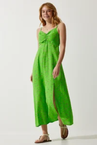 Happiness İstanbul Women's Pistachio Green Strappy Patterned Viscose Dress - Image 3