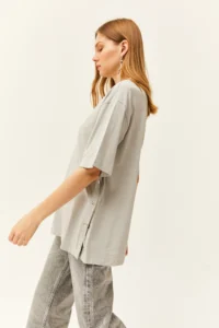 Olalook Women's Dolphin Gray Buttoned Side Cotton T-Shirt - Image 4