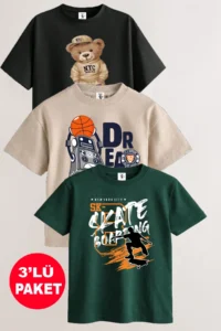 twins tailors Robot And Skateboard Printed 3 Pack Unisex Beige-Black-Green Kids T-Shirt
