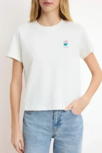 TRENDYOLMİLLA Ecru Regular/Normal Pattern Short Sleeve Embroidered Tok 100% Cotton Knitting T-Shirt - Image 3