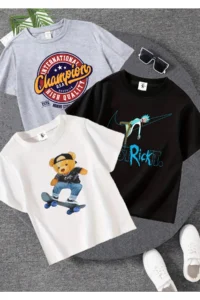 twins tailors Cool Teddy Printed 3-Pack Unisex White-Black-Grey T-Shirt