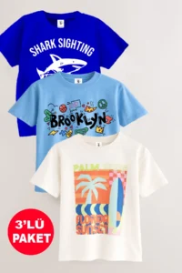 twins tailors Florida Surf And Brooklyn Printed 3-Pack Unisex Light Blue-White-Salt Blue Children's T-Shirt