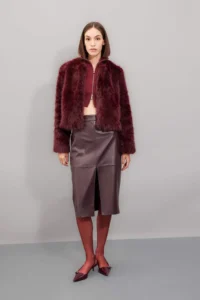 DeFacto High Waist Combed Cotton Lined Slit Midi Faux Leather Claret Red Pencil Skirt
