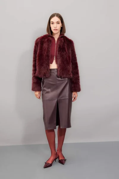 DeFacto High Waist Combed Cotton Lined Slit Midi Faux Leather Claret Red Pencil Skirt