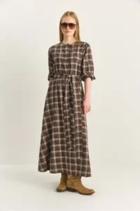 Bianco Lucci Women's Plaid Patterned Crew Neck Belted Flared Cotton Dress 5611 - Image 4