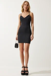Happiness İstanbul Women's Black Stone Strap Ribbed Mini Knitted Dress - Image 2