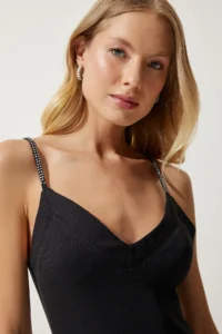Happiness İstanbul Women's Black Stone Strap Ribbed Mini Knitted Dress - Image 4