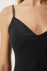 Happiness İstanbul Women's Black Stone Strap Ribbed Mini Knitted Dress - Image 6