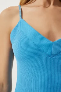 Happiness İstanbul Women's Sky Blue Stone Strap Ribbed Mini Knitted Dress - Image 4