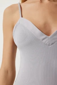 Happiness İstanbul Women's Gray Stone Strap Ribbed Mini Knitted Dress - Image 5