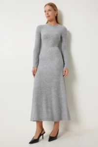 Happiness İstanbul Women's Gray Melange Crew Neck Saran Wool Knitted Dress