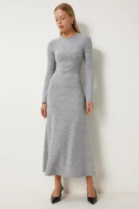 Happiness İstanbul Women's Gray Melange Crew Neck Saran Wool Knitted Dress - Image 2