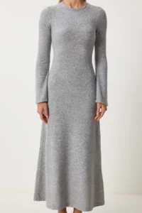 Happiness İstanbul Women's Gray Melange Crew Neck Saran Wool Knitted Dress - Image 3