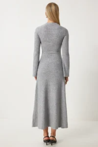 Happiness İstanbul Women's Gray Melange Crew Neck Saran Wool Knitted Dress - Image 5