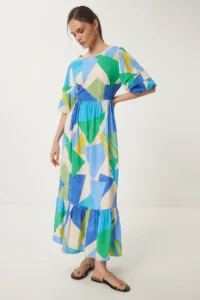 Happiness İstanbul Women's Blue Green Patterned Summer Woven Dress - Image 2