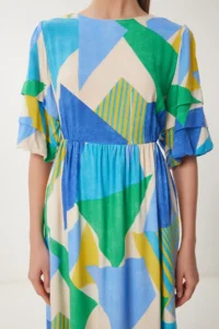Happiness İstanbul Women's Blue Green Patterned Summer Woven Dress - Image 3