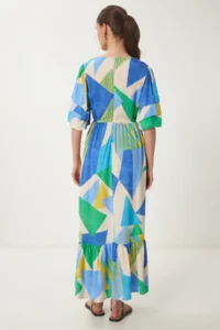 Happiness İstanbul Women's Blue Green Patterned Summer Woven Dress - Image 4