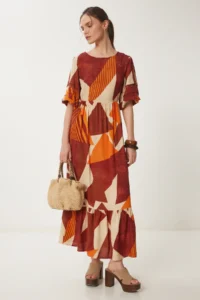 Happiness İstanbul Women's Brick Orange Patterned Summer Woven Dress
