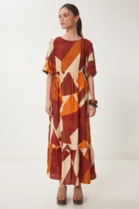 Happiness İstanbul Women's Brick Orange Patterned Summer Woven Dress - Image 3