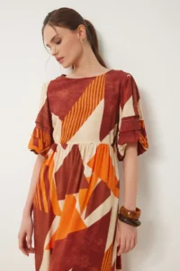 Happiness İstanbul Women's Brick Orange Patterned Summer Woven Dress - Image 4