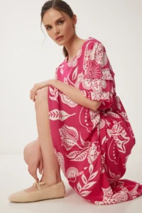 Happiness İstanbul Women's Pink Bone Patterned Summer Woven Dress
