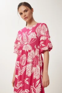 Happiness İstanbul Women's Pink Bone Patterned Summer Woven Dress - Image 5
