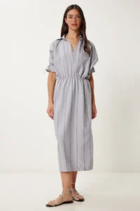 Happiness İstanbul Women Gray Striped slit Ayrobin Dress