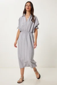 Happiness İstanbul Women Gray Striped slit Ayrobin Dress - Image 2