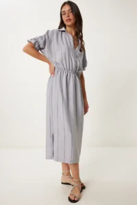 Happiness İstanbul Women Gray Striped slit Ayrobin Dress - Image 3