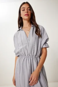 Happiness İstanbul Women Gray Striped slit Ayrobin Dress - Image 4