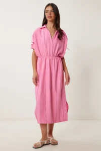 Happiness İstanbul Women's Pink Striped Slit Ayrobin Dress