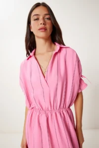 Happiness İstanbul Women's Pink Striped Slit Ayrobin Dress - Image 3