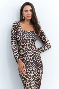 Cool & Sexy Women Camel-Black Leopard Midi Dress - Image 2