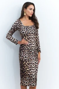 Cool & Sexy Women Camel-Black Leopard Midi Dress - Image 3