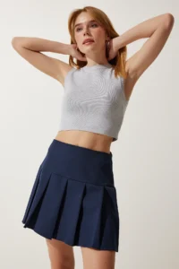 Happiness İstanbul Women Navy Blue pleated Mini Weaving Skirt