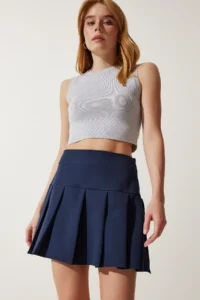 Happiness İstanbul Women Navy Blue pleated Mini Weaving Skirt - Image 2