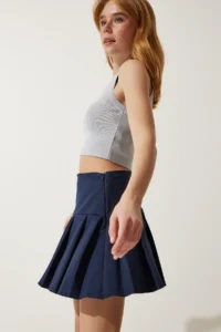 Happiness İstanbul Women Navy Blue pleated Mini Weaving Skirt - Image 3