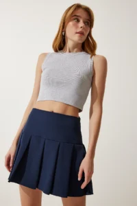 Happiness İstanbul Women Navy Blue pleated Mini Weaving Skirt - Image 4