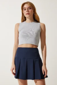 Happiness İstanbul Women Navy Blue pleated Mini Weaving Skirt - Image 5
