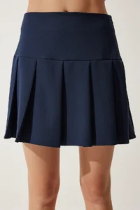 Happiness İstanbul Women Navy Blue pleated Mini Weaving Skirt - Image 6