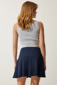Happiness İstanbul Women Navy Blue pleated Mini Weaving Skirt - Image 8