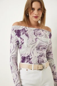 Happiness İstanbul Women's Purple Boat Neck Patterned Viscose Knitted Blouse - Image 2