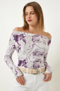 Happiness İstanbul Women's Purple Boat Neck Patterned Viscose Knitted Blouse - Image 3
