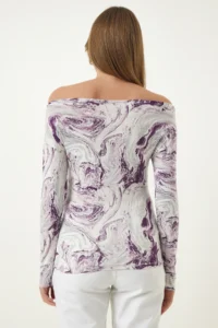 Happiness İstanbul Women's Purple Boat Neck Patterned Viscose Knitted Blouse - Image 5