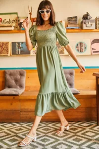 Olalook Women's Green Green Square Collar Bodrum Dress