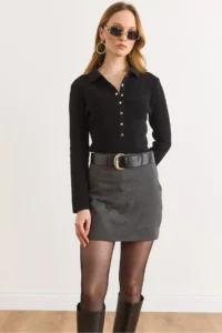 Olalook Women's Anthracite Belt Detailed Mini Skirt with Shorts