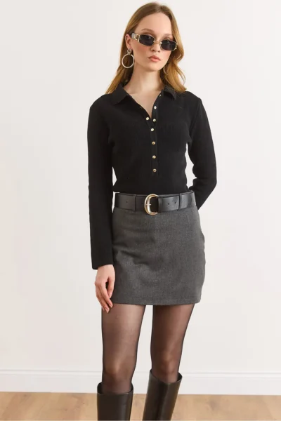 Olalook Women's Anthracite Belt Detailed Mini Skirt with Shorts