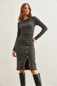 Olalook Women's Smoked Button Detailed Slit Midi Flexible Dress - Image 3
