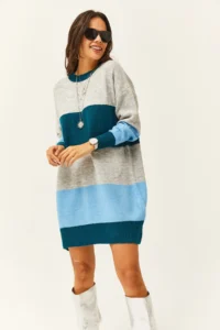 Olalook Women's Gray Colored Striped Soft Textured Mini Tunic Dress - Image 4